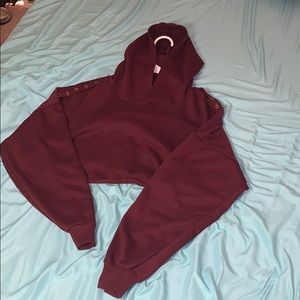 Button Sleeve Cropped Hoodie